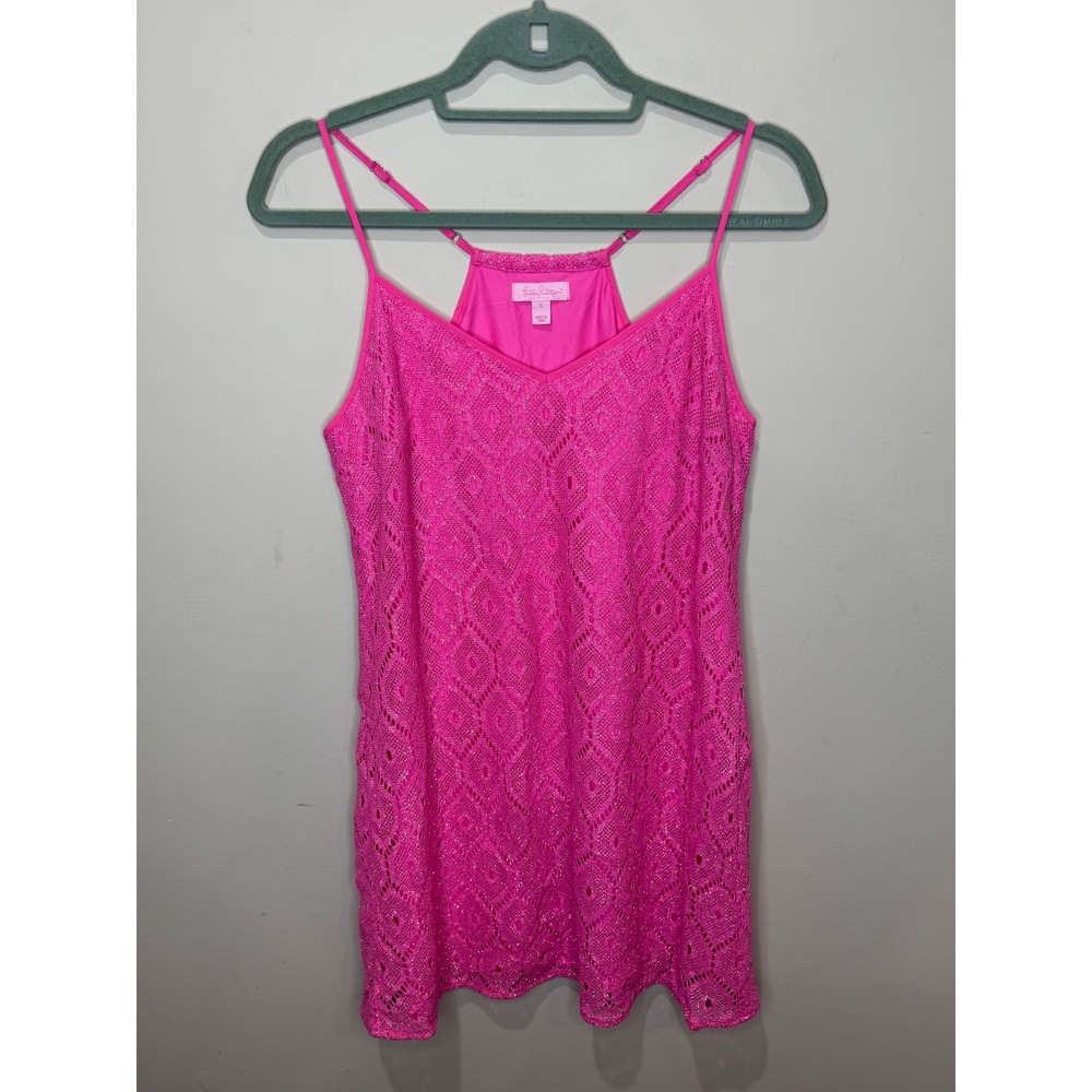 Lilly Pulitzer Dusk Pop Pink Metallic Shimmer Lace Slip‎ Mini Dress Crochet sz S